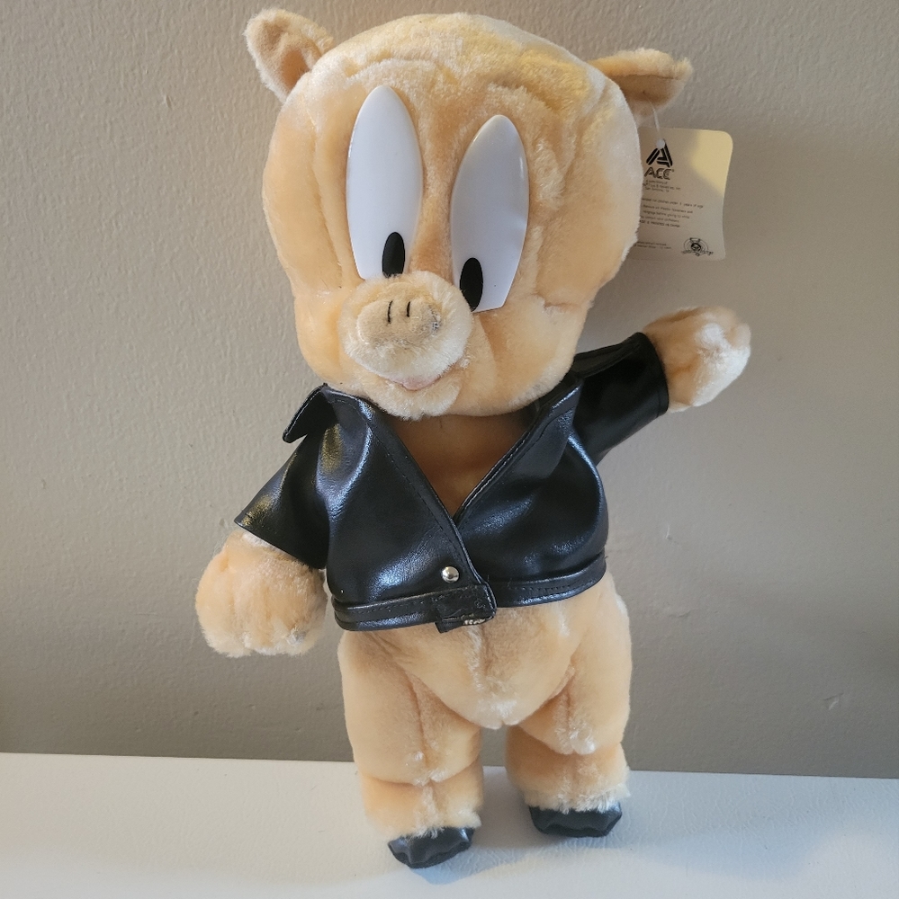 Vintage 1997 Looney Tunes Porky Pig Leather Jacket Plush Toy NWT